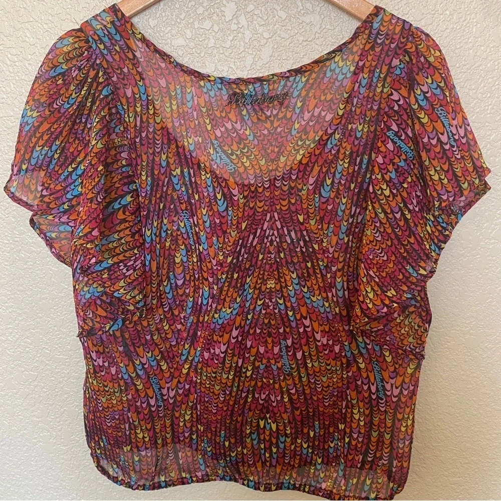 Billabong sheer blouse‎ multicolor abstract pattern large elastic hem